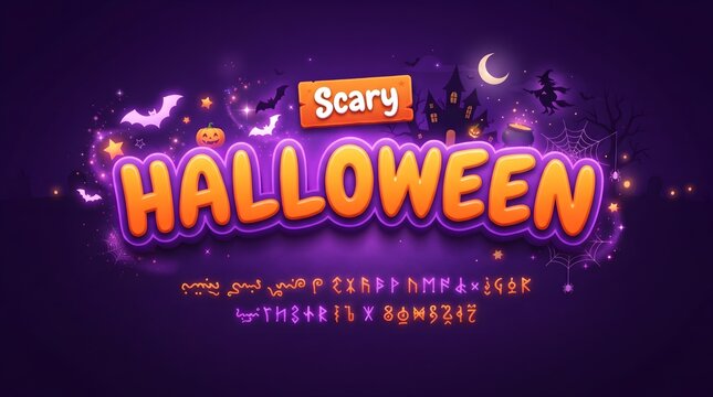 A spooky and delightful halloween scene with bats a full moon and a festive glowing title