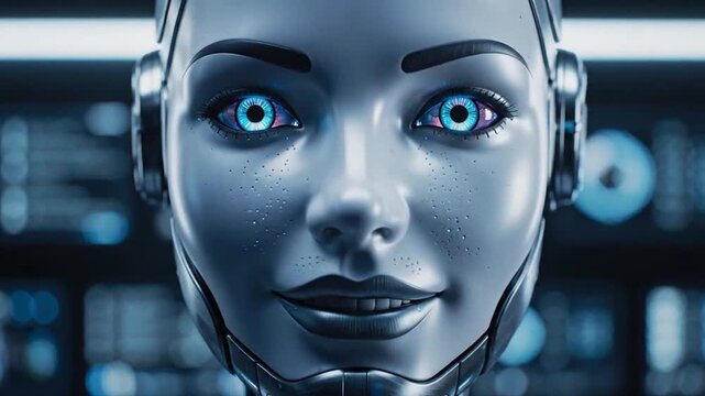 Close-up sequence of humanoid robot face with changing expressions