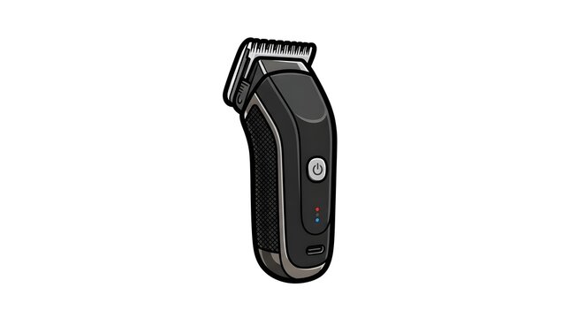 Vector illustration of a modern cordless hair clipper trimmer with power button and battery indicators. Barber equipment.