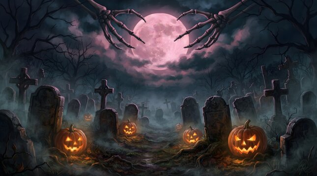 A spooky halloween night scene featuring glowing jack o' lanterns under a dramatic pink hued full moon