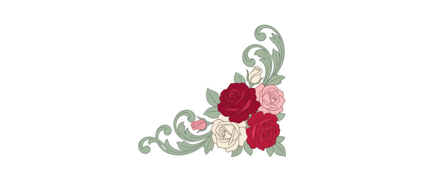 Corner Floral Swirls Decorative Border with Roses Isolated