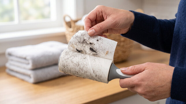 Person using a lint roller to remove dirt from clothing at home  