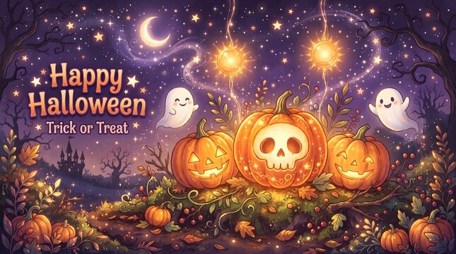 A spooky and delightful halloween scene with jack o' lanterns ghosts and a starry night sky