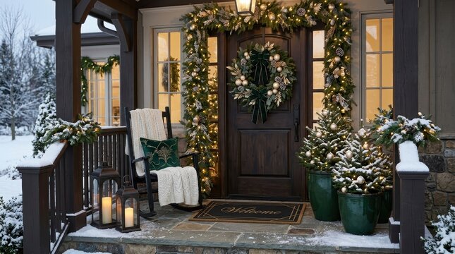 Festive christmas front porch decorated with a wreath, garland, rocking chair, and potted evergreen trees in a snowy winter setting