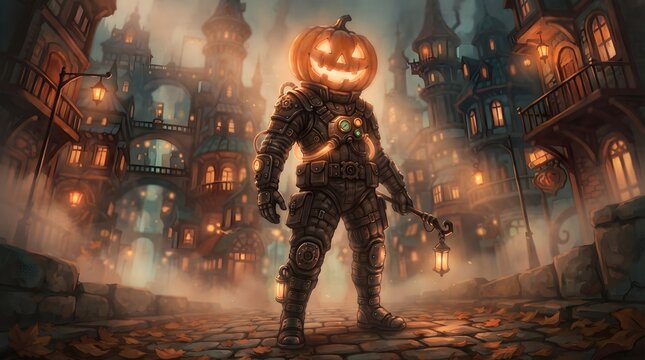 A fantastical halloween scene featuring a pumpkin headed figure amidst a spooky atmospheric town setting