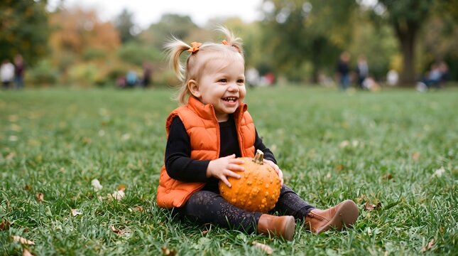 A delightful toddler experiences the joy of halloween with a small pumpkin in a grassy field