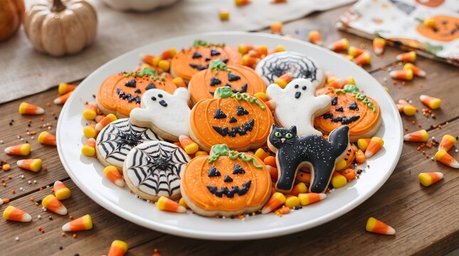 A delightful assortment of halloween themed cookies presented on a plate perfect for a festive treat