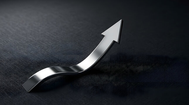 3D silver metallic arrow curving upwards on dark textured background representing financial growth and business success