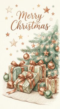 Merry christmas greeting card with decorated pine tree and gift boxes