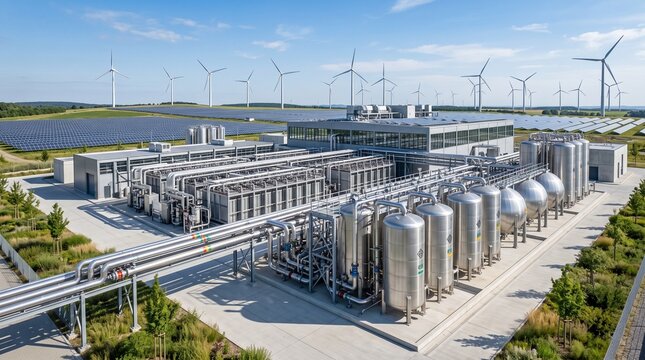 hydrogen plant renewable energy facility green hydrogen production power gas plant electrolysis facility clean energy infrastructure industrial hydrogen tanks wind turbine farm