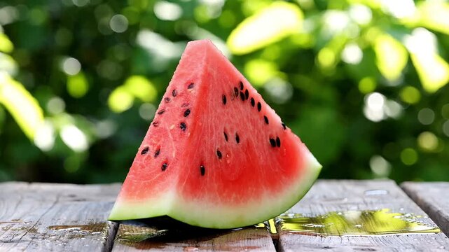 Fresh juicy slice of red watermelon with black seeds placed on wooden surface