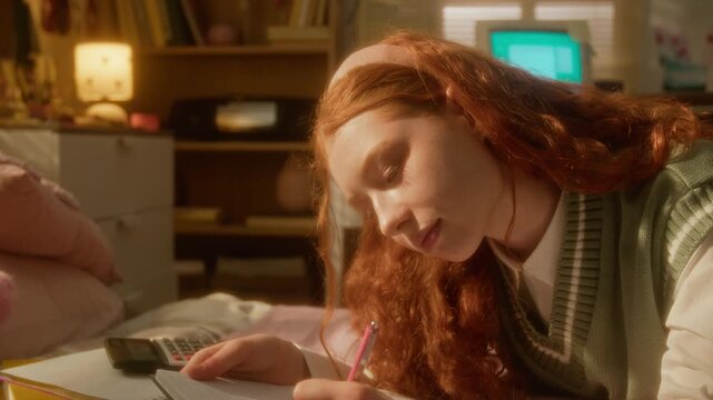 Caucasian teenager lying on bed, thinking and writing in notebook while studying algebra. Footage is ideal for educational campaigns, tutoring services, or student lifestyle advertisements