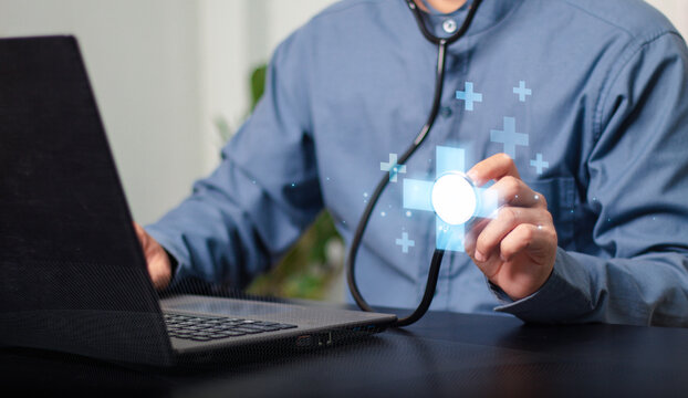 Cardiovascular health monitoring, medical insurance, healthcare technology, consultation and patient protection. Doctor holding a stethoscope with heart and pluses graphics modern.
