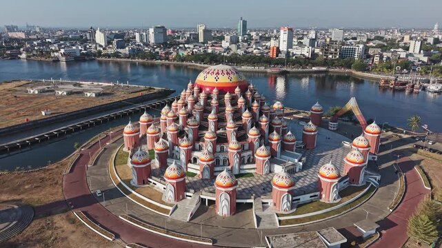Aerial view of 99 domes mosque in makassar indonesia