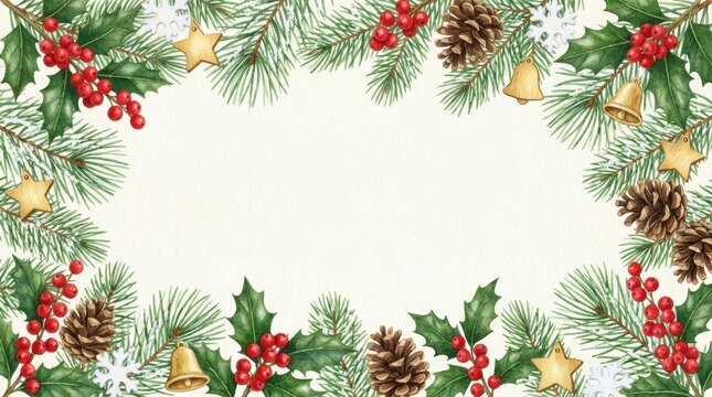 Christmas frame with pine branches, holly berries, pinecones, and golden bells isolated on white background