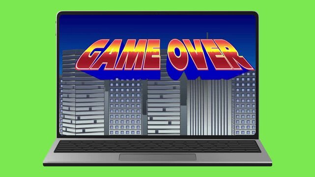 A vivid 'Game Over' message displayed prominently on a modern laptop screen, encapsulating the definitive digital setback within an immersive gaming experience after a challenging virtual journey