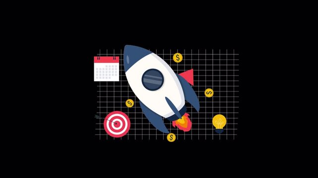 Animated Rocket Launching with Business Growth Symbols. Business Startup