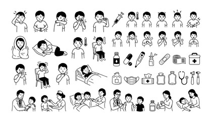 Obraz premium Pediatric Illness Symptoms Child Healthcare Doctor Examination and Treatment Line Vector Icons Set