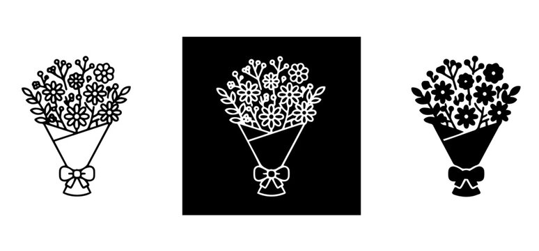 Flower bouquet icons in line art and silhouette styles vector set.