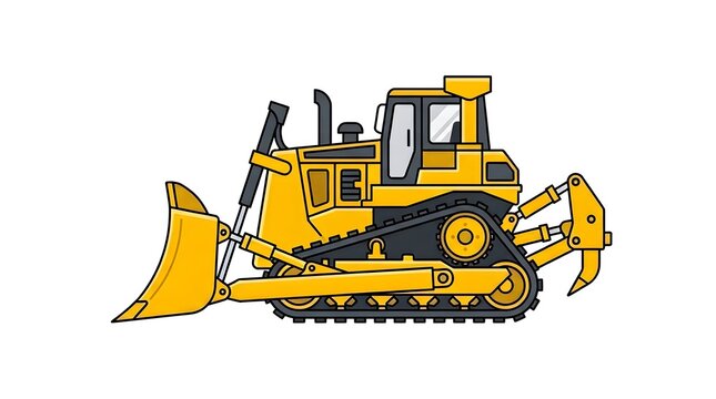 Yellow bulldozer side view isolated on white background, heavy construction machinery illustration