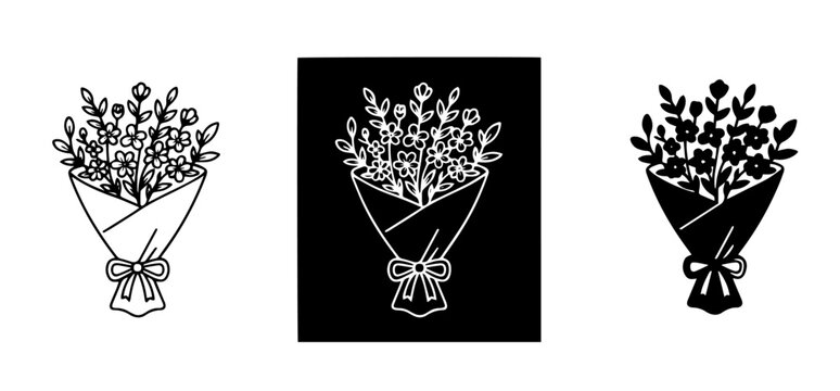 Flower bouquet styles silhouette and linear outline vector icons set