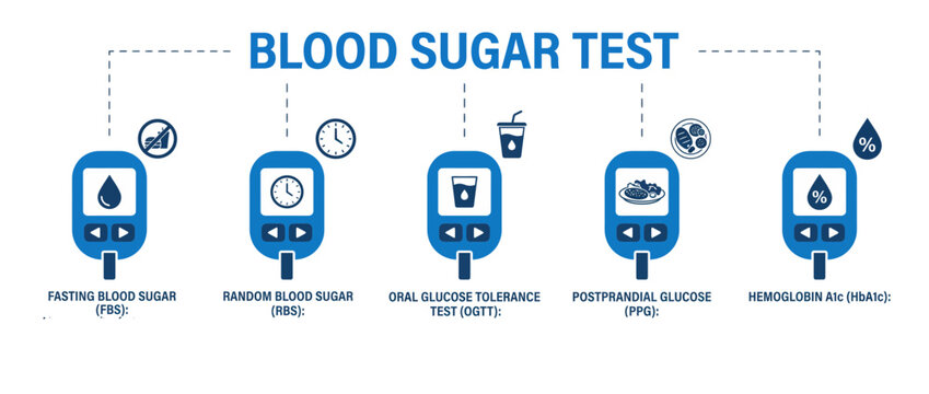 Infographic showing five different types of medical blood sugar glucose level diagnostic
