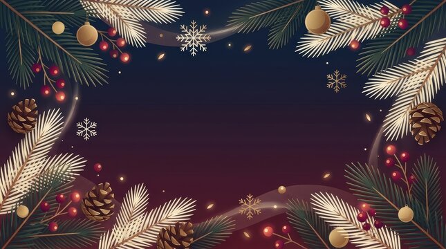 Christmas festive background with pine branches, golden ornaments, pinecones, and snowflakes on a dark gradient background
