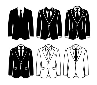 Men business suit and tuxedo black silhouette line art vector set