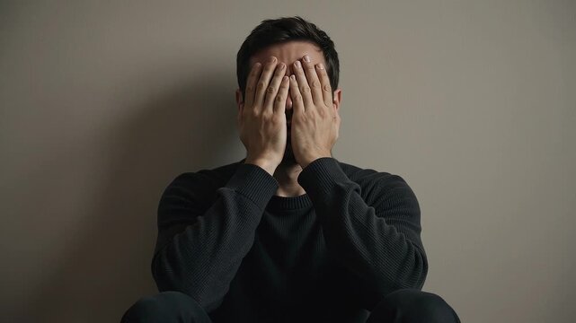 Horizontal loop video of a sad young man sitting on the floor covering his face with hands in despair