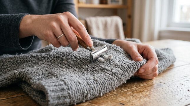 Person removing lint from a wool sweater on a wooden table  