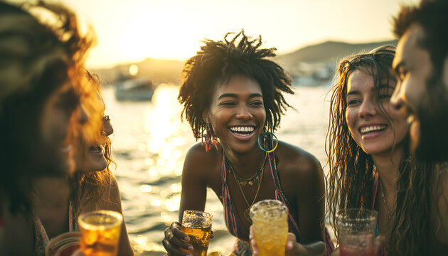  Diversos amigos ri&eacute;ndose con c&oacute;cteles al atardecer en la playa. Amigos felices y diversos tomando c&oacute;cteles y riendo en la playa. Atardecer de verano, fotograf&iacute;a de estilo de vida social.