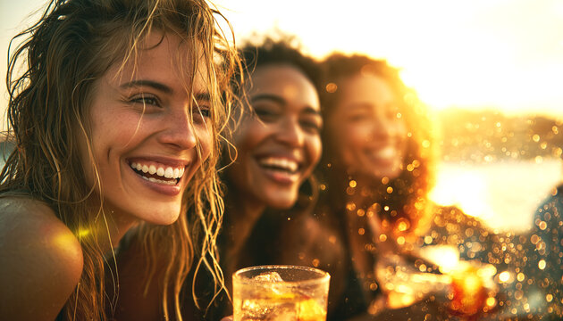  Mujer joven sonriendo con bebida en una fiesta de verano al aire libre. Mujer joven feliz sosteniendo una bebida y sonriendo en una reuni&oacute;n de verano. Estilo de vida social, aut&eacute;ntico retrato