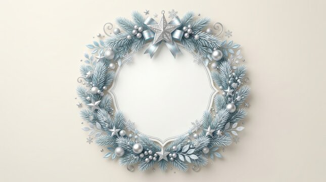 Elegant christmas wreath with silver ornaments, stars, and blue pine branches on a light background