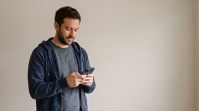 Casual bearded man standing against a neutral background while using a smartphone with casual clothing mobile phone texting message