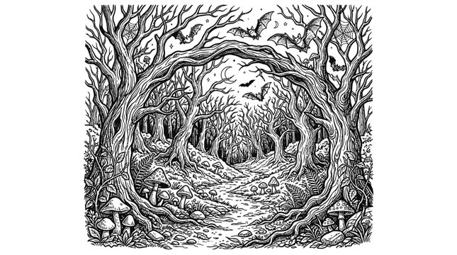 Spooky forest with twisted trees and path in black and white