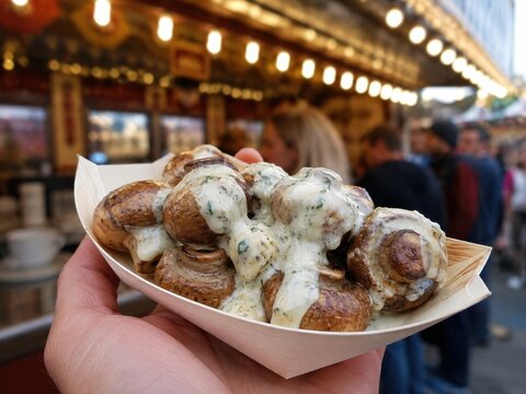 Gebratene Champignons mit cremiger Kr&auml;utersauce in einer Holzschale, beliebtes herzhaftes Street Food auf einem deutschen Volksfest vor einem warm beleuchteten Verkaufsstand.