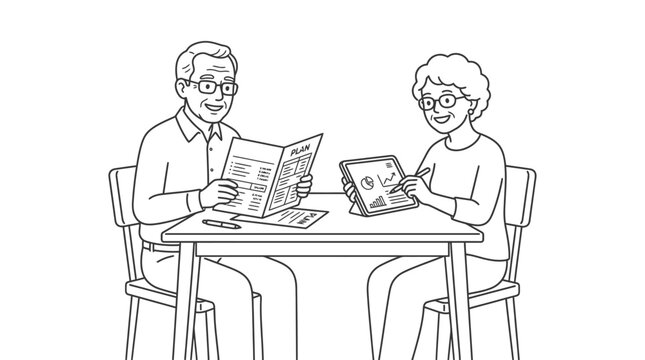 Senior couple planning finances with tablet and documents