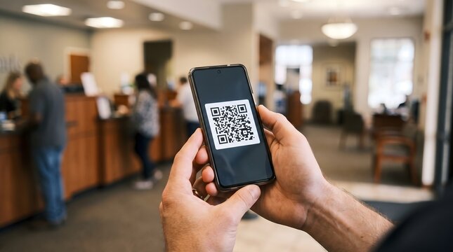 Close-up of a customer holding a smartphone displaying a qr code inside a bank branch or financial office with qr code