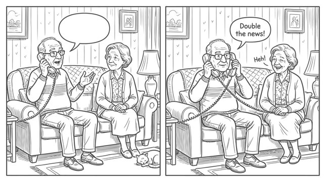 Senior couple sitting on sofa talking on a landline phone