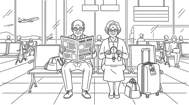 Elderly couple waiting at airport terminal for departure