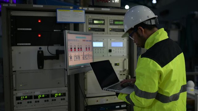 Male electrical engineer monitors and operates a factory electrical control panel. Concept of industrial automation, power system inspection, maintenance, safety, and engineering.