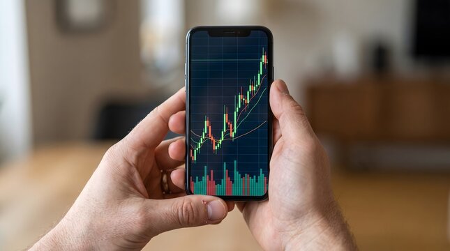 Person holding a smartphone displaying stock market financial charts and upward trading graph data with financial chart