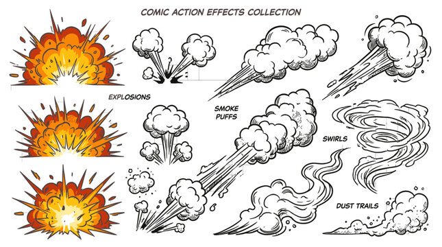 Comic book action explosion and smoke effects set