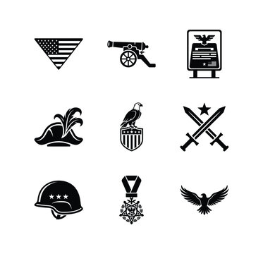 A diverse collection of iconic american military imagery and symbols presented in a bold silhouette design