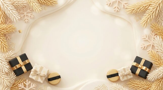 Christmas festive background with golden pine branches, snowflakes and gift boxes