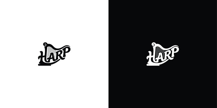 Harp typography logo design with musical instrument silhouette vector