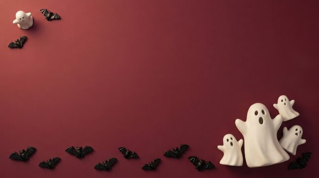 Cute ghost family with bats on a dark red background for Halloween celebration concept