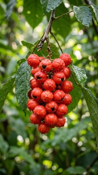 Cluster of bright red berries hanging on a green branch in the forest with berry cluster wild berries forest plant nature flora vertical