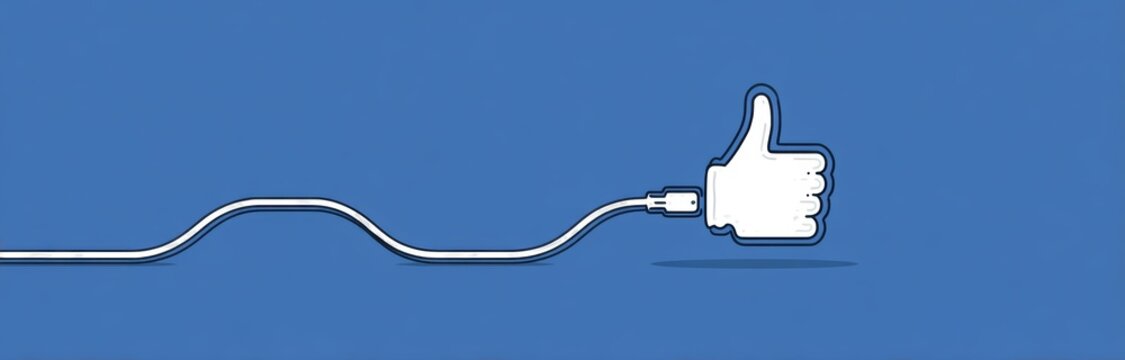Thumb Up Icon Connected to Cable on Blue Background: A stylized white thumb up icon, representing approval or a like.