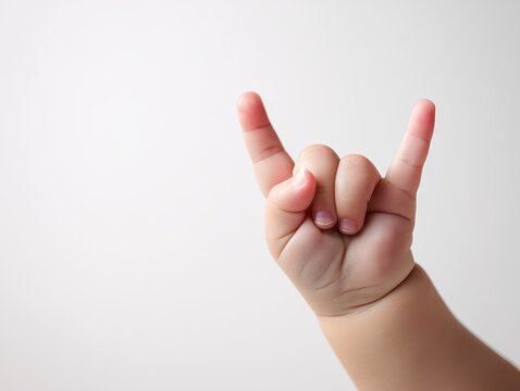 Rock On! A baby's hand makes the iconic rock on gesture, signifying fun, excitement, and youthful exuberance.
